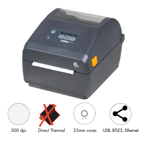 Zebra ZD421 – Imprimante d'étiquettes de bureau (300 dpi, Thermique direct, Bluetooth + Ethernet + USB)