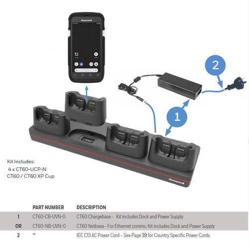 Honeywell CT60 laadstation met 4 vakken en EU-stroomkabel.